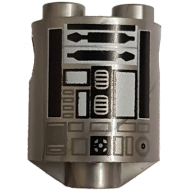 flat silver brick round 2 x 2 x 2 robot body with bottom axle holder x shape orientation with black and white pattern sw r2-q2
