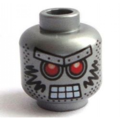 flat silver minifigure head alien with red eyes metal eyebrows with rivets 8 mouth squares stubble and black markings pattern