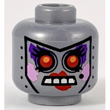 flat silver minifigure head alien female robot with black rivets and beauty mark red eyes and lips open mouth with silver teeth dark purple eye shadow and bright pink cheeks pattern