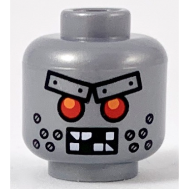 flat silver minifigure head alien with red eyes metal eyebrows with rivets broken teeth and stubble bolts pattern