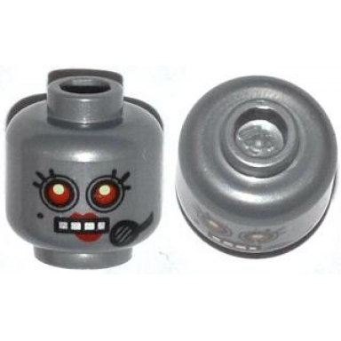 flat silver minifigure head alien female robot with black beauty mark and microphone red eyes and lips and open mouth with silver teeth pattern