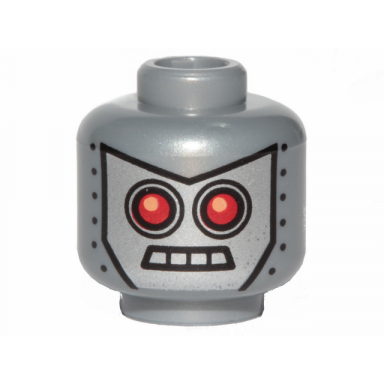 flat silver minifigure head alien with red eyes 4 mouth squares and rivets pattern