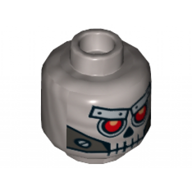 flat silver minifigure head alien skull with red eyes metal eyebrows with rivets and metal jaw with screws pattern