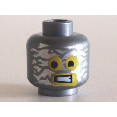 flat silver minifigure head alien with robot yellow eyes and mouth and aluminum foil splotches pattern