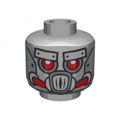 flat silver minifigure head alien with robot red eyes and mouth and silver metal plates eyebrows and mask pattern