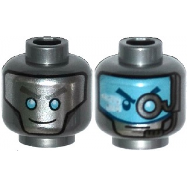 flat silver minifigure head dual sided alien robot with silver face with medium azure eyes medium azure visor with headset and eyepiece pattern