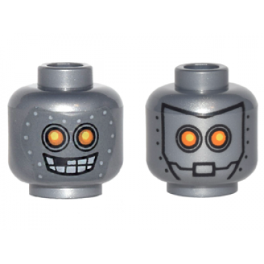 flat silver minifigure head dual sided alien robot with yellow eyes mask with metal bolts closed mouth open mouth pattern