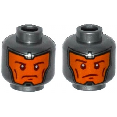 flat silver minifigure head dual sided balaclava orange face dark red eyebrows and cheek lines determined raised eyebrow pattern