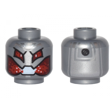 flat silver minifigure head alien with robot red eyes and mouth silver panel and black rivet on back pattern