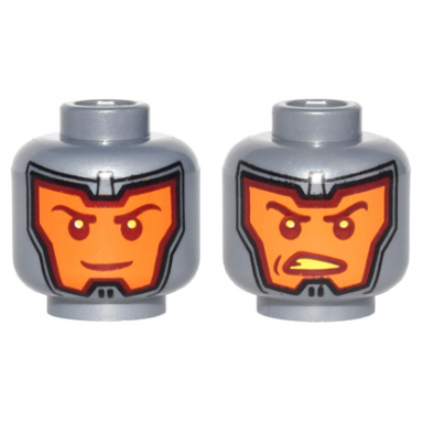 flat silver minifigure head dual sided balaclava orange face dark red eyebrows sly grin angry open mouth scowl with bright light yellow teeth pattern