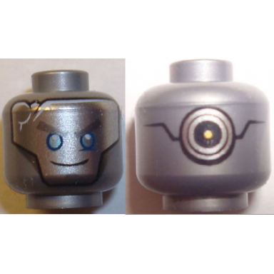 flat silver minifigure head alien with robot silver with blue eyes gray eyebrows and crack circles on back pattern