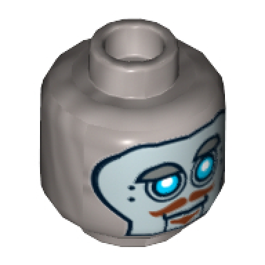 flat silver minifigure head alien with robot blue eyes silver face panel raised eyebrow brown moustache and goatee pattern