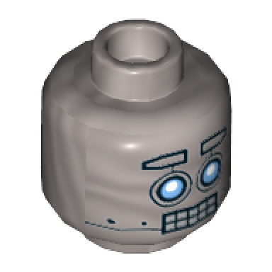 flat silver minifigure head alien with robot blue eyes raised eyebrows open mouth clenched silver teeth pattern