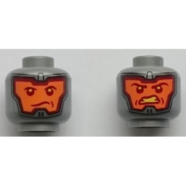 flat silver minifigure head dual sided balaclava with orange face dark red eyebrows and eyes determined angry bared teeth pattern