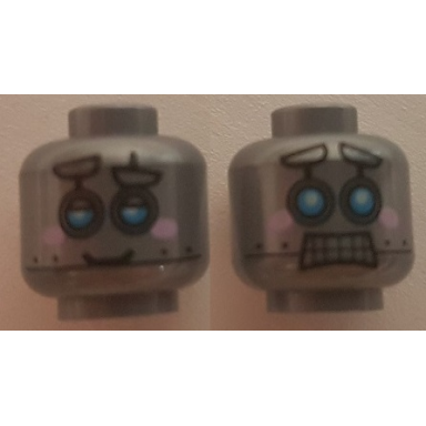 flat silver minifigure head dual sided alien with robot blue eyes pink cheeks smile scared pattern