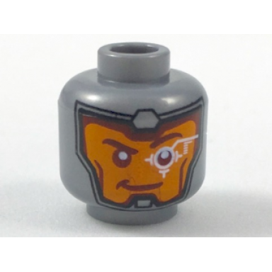 flat silver minifigure head balaclava orange face dark red eyebrows white head-up display hud on left eye pattern