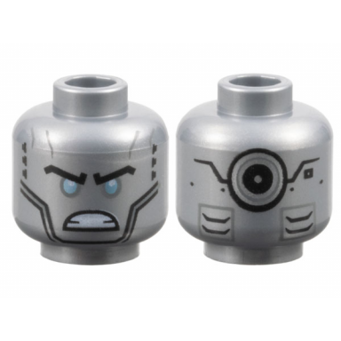 flat silver minifigure head alien robot with black eyebrows metallic light blue eyes cheek lines angry bared teeth vents and silver circle on back pattern