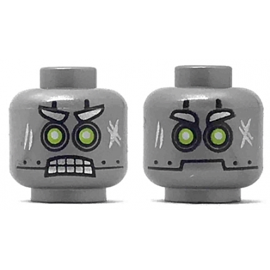 flat silver minifigure head dual sided alien robot with silver eyebrows lime eyes scuff marks angry bared teeth neutral pattern