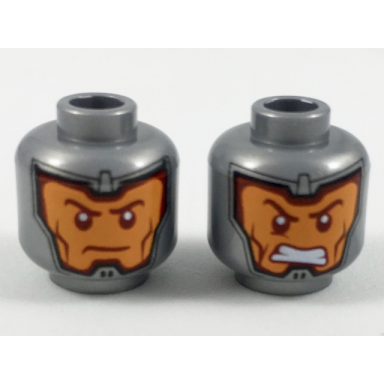 flat silver minifigure head dual sided balaclava orange face dark red eyebrows and cheek lines firm gritted teeth pattern