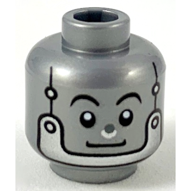 flat silver minifigure head alien robot with silver nose rivets and chin strap pattern