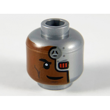 flat silver minifigure head reddish brown face cyborg left cover with red square eye pattern