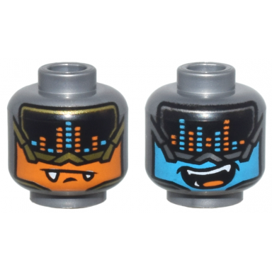 flat silver minifigure head alien visor with music equalizer gold trim orange face fangs silver trim dark azure face open mouth smile pattern