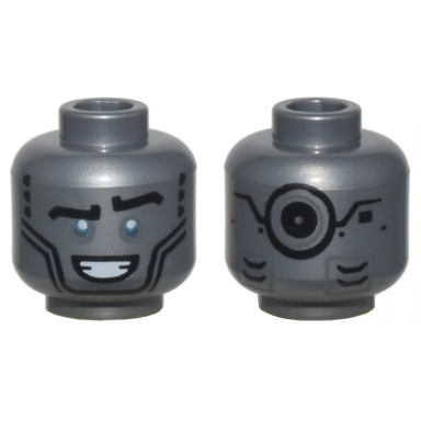 flat silver minifigure head alien robot black eyebrows metallic light blue eyes open mouth smile and black circle and mechanical panels on back pattern