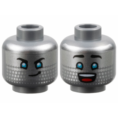 flat silver minifigure head dual sided silver face black eyebrows medium azure eyes lopsided grin open mouth smile with top teeth and red tongue pattern