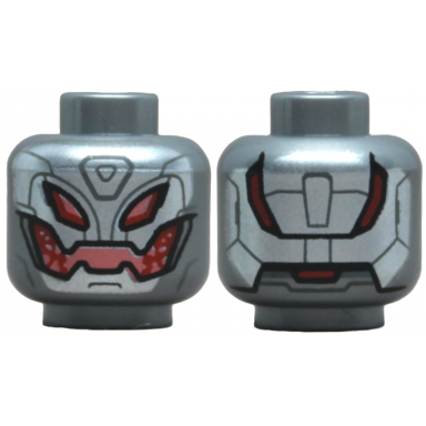 flat silver minifigure head alien robot with silver face with dark bluish gray lines coral and red eyes and mouth armor panels on back pattern