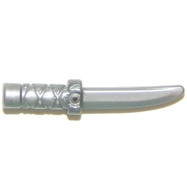flat silver minifigure weapon knife with flat hilt end and curved blade cross hatched grip