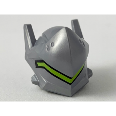 flat silver minifigure headgear helmet with raised visor long ears and hole in back with long angular lime stripe pattern