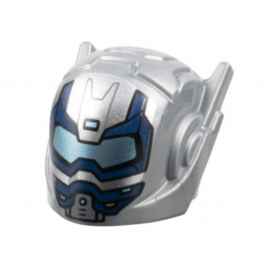 flat silver minifigure headgear helmet with ear antennas with metallic light blue visor and dark blue trim pattern