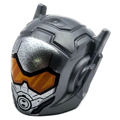 flat silver minifigure headgear helmet with ear antennas with dark orange and bright light orange visor black and dark bluish gray lines and breathing mask pattern