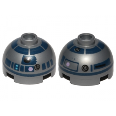 flat silver brick round 2 x 2 dome top with lavender dots small receptor and dark blue pattern r2-d2