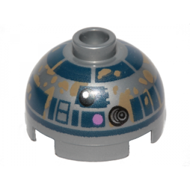 flat silver brick round 2 x 2 dome top with lavender dots and dark blue with dark tan dirt stains pattern r2-d2