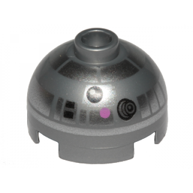 flat silver brick round 2 x 2 dome top with dark pink dots black rectangles and silver panels pattern r2-bhd