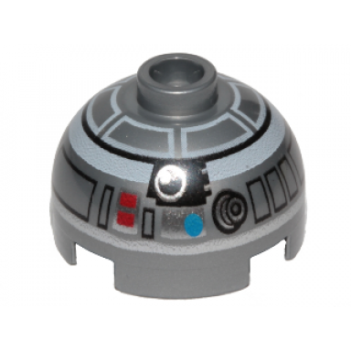 flat silver brick round 2 x 2 dome top with blue and red dots and black and white band around dome pattern r2-q2