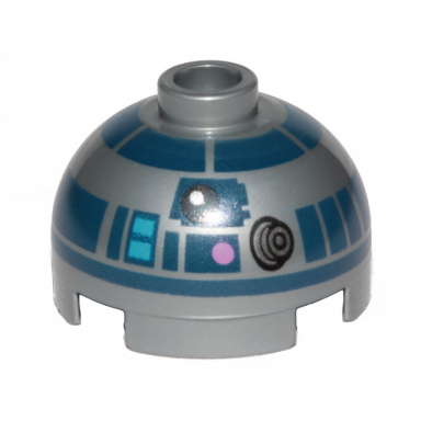 flat silver brick round 2 x 2 dome top with dark pink dots large receptor and dark blue pattern r2-d2