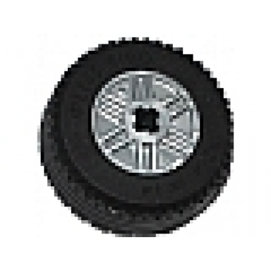 flat silver wheel 18mm d x 14mm with axle hole fake bolts and shallow spokes with black tire 30.4 x 14 solid 55982 58090