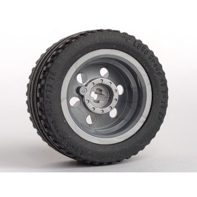 flat silver wheel 30.4mm d x 20mm with no pin holes and reinforced rim with black tire 43.2 x 22 zr 56145 44309