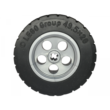 flat silver wheel 30.4mm d x 20mm with 5 holes with black tire 49.5 x 20 5650 15413