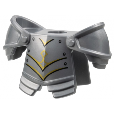 flat silver minifigure armor breastplate with leg protection and large round shoulder pads with gold trim black panel lines and rivets pattern
