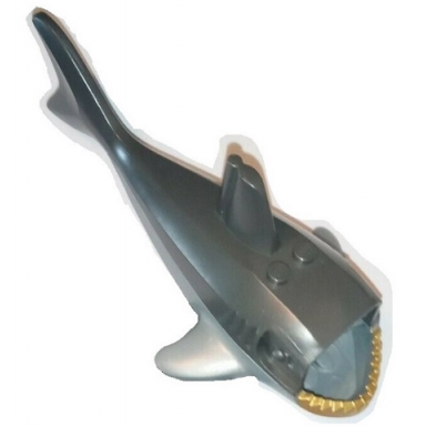 flat silver shark body large with gills with gold teeth and pearl dark gray dorsal side pattern sharkanator