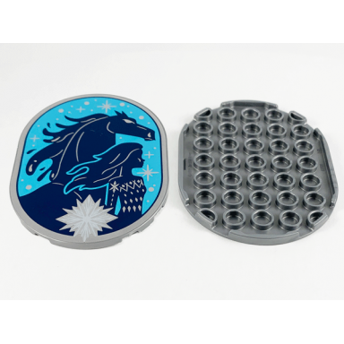 flat silver tile round 6 x 8 oval with dark blue nokk elsa on medium azure background stars and ice crystal pattern