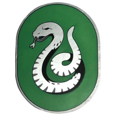 flat silver tile round 6 x 8 oval with slytherin crest with silver snake on green background pattern