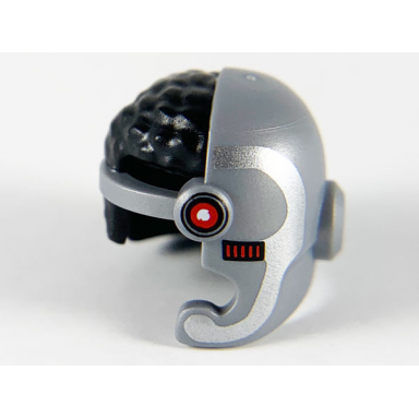 flat silver minifigure headgear helmet cyborg side open with black hair red square eye dot and silver trim pattern