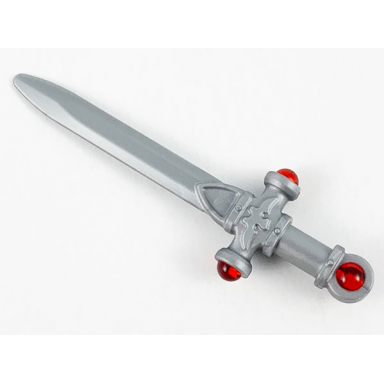 flat silver minifigure weapon sword ornate with molded trans-red jewels on crossguard and pommel pattern sword of gryffindor