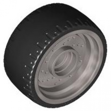 flat silver wheel 24 x 12 with pin hole with molded black hard rubber tire pattern
