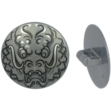 flat silver minifigure shield circular convex face with black and silver ninjago dragon head pattern