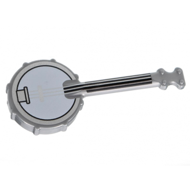 flat silver minifigure utensil musical instrument banjo with black neck white body silver strings and rim pattern